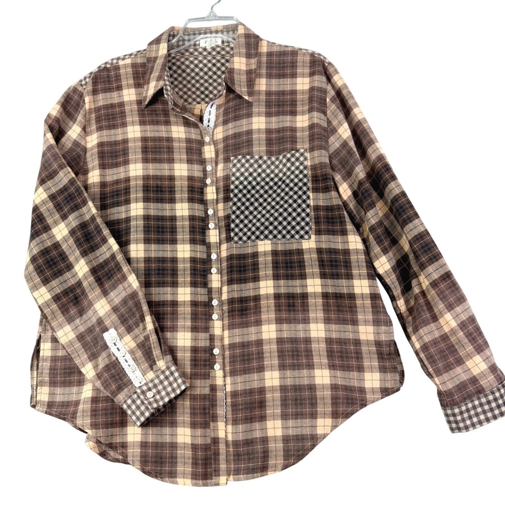 POL L Brown Plaid Button Down Shirt Lace Trim Mixed Media Western Cottagecore